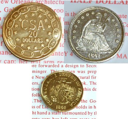 American Civil War Confederate Replica Coins On Info Card,Half Dollar- $20- $5
