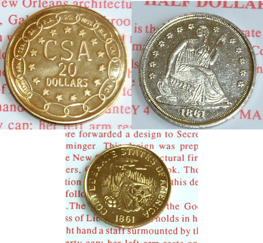 American Civil War Confederate Replica Coins On Info Card,Half Dollar- $20- $5