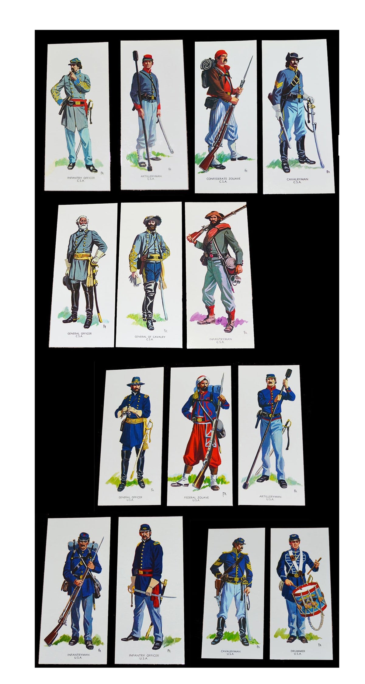 7 Union Or Confederate Uniforms Art Cards Sets 25x10cms Gettysburg Shiloh New