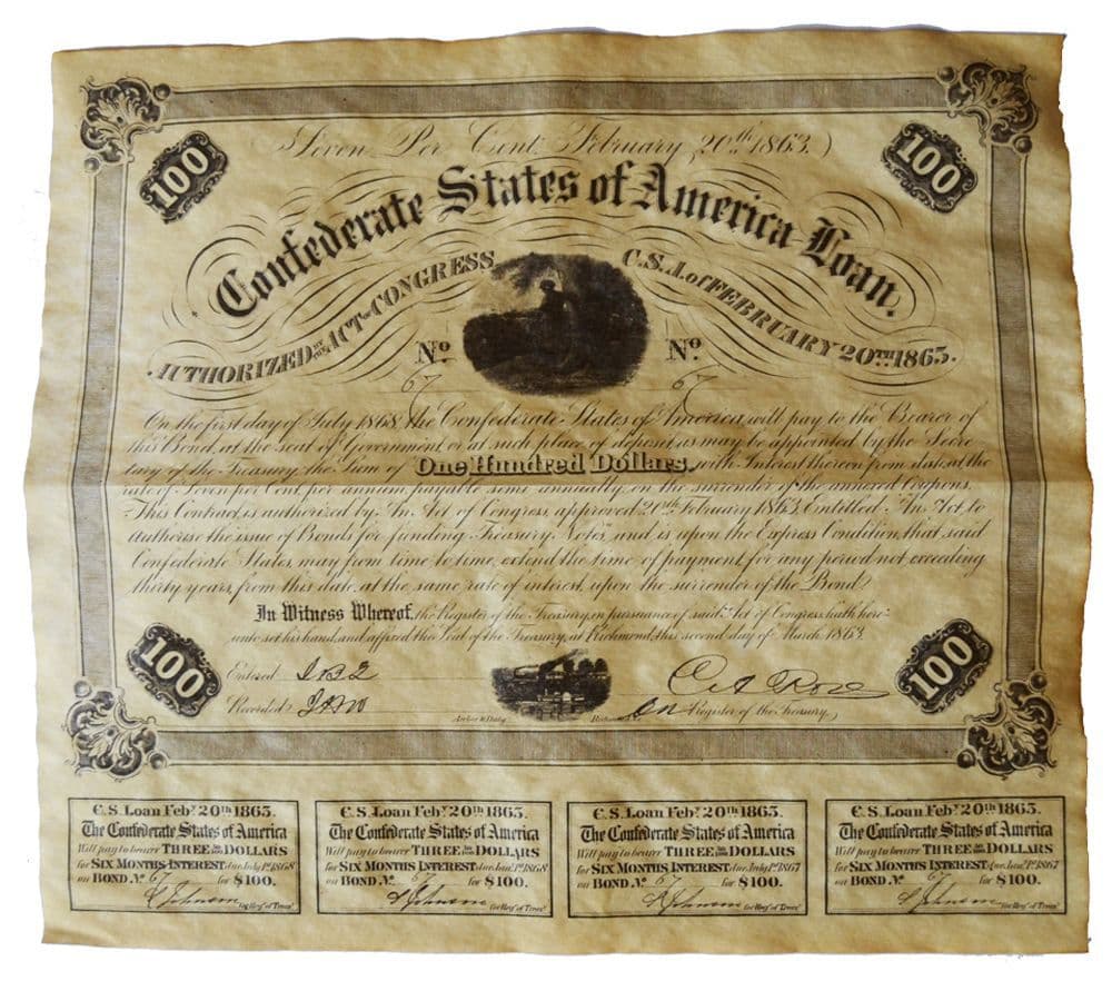 Confederate War Bond Reproduction New Dated 1863