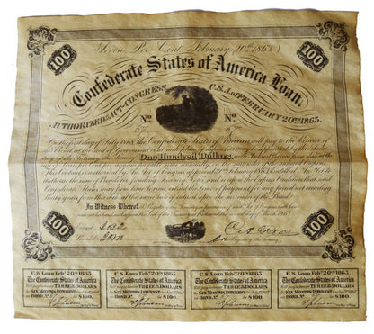 Confederate War Bond Reproduction New Dated 1863