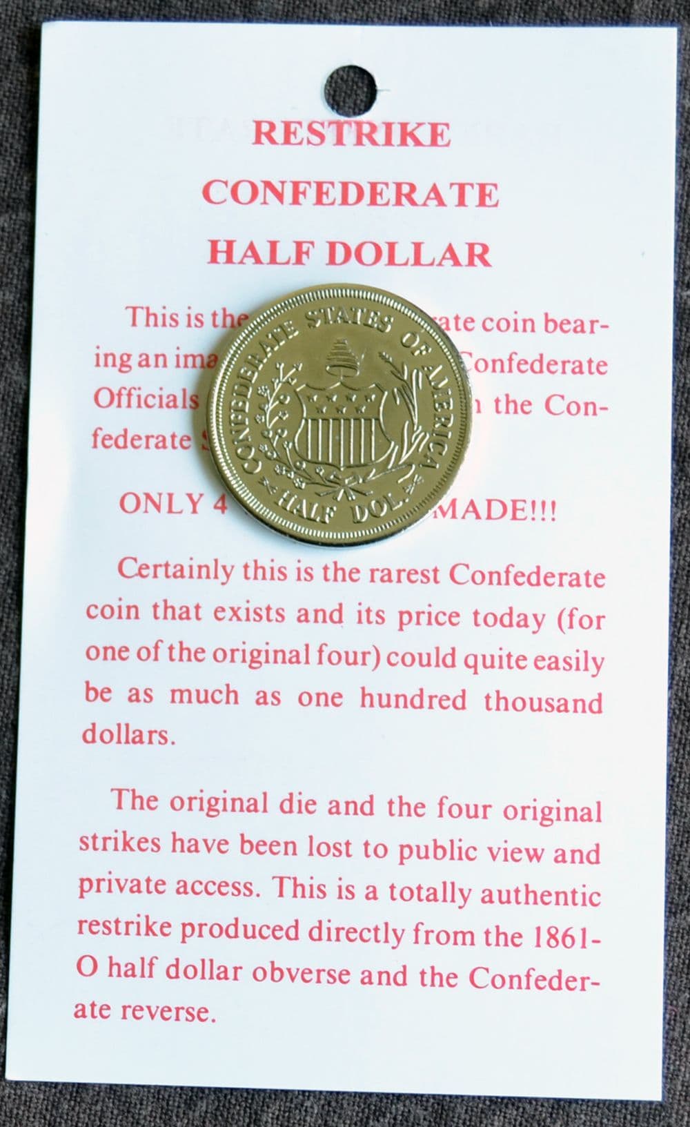 American Civil War Confederate Replica Coins On Info Card,Half Dollar- $20- $5