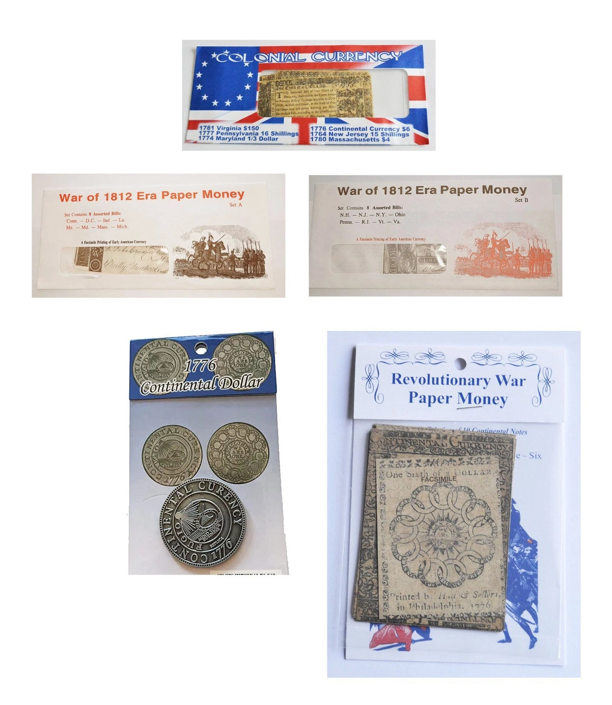 American Revolutionary Independence War Of 1812 Repro Currency & Coin Sets New