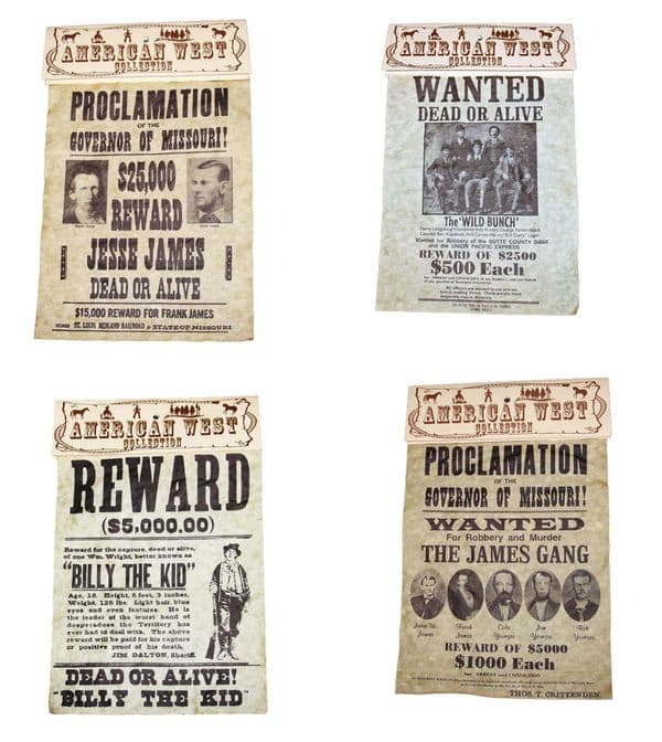 American Old  West  Outlaws A4 Size Wanted Posters Jesse James Billy The Kid New