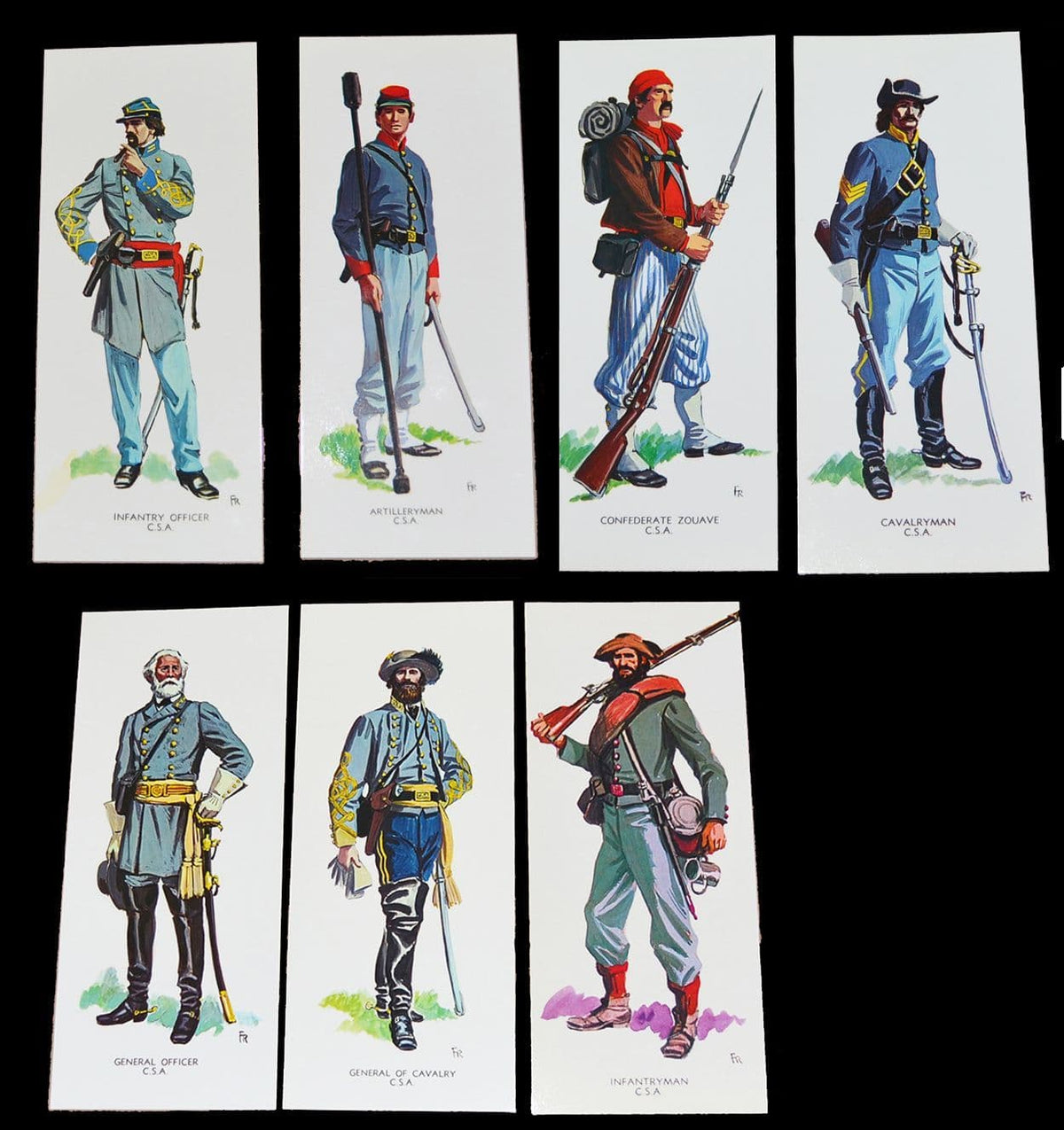 7 Union Or Confederate Uniforms Art Cards Sets 25x10cms Gettysburg Shiloh New